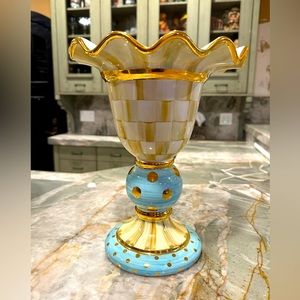 MacKenzie Child’s Parchment Check Stately Vase in Perfect Condition.